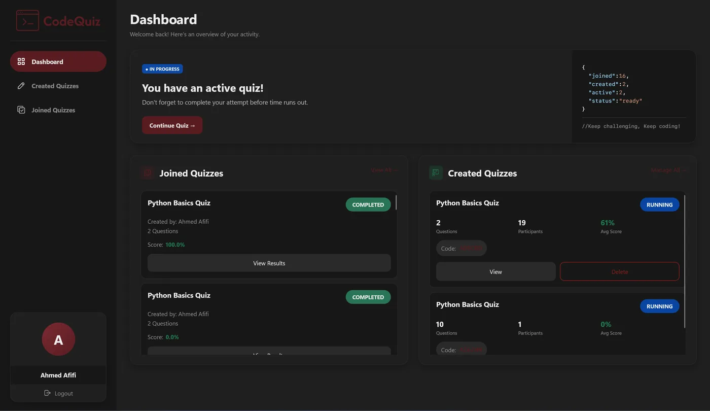 Actual CodeQuiz dashboard showing the desktop assessment application