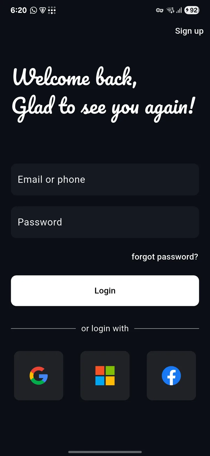 Universe mobile app sign-in screen